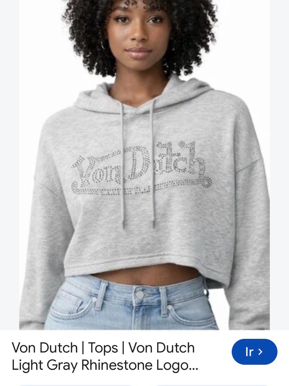 Von Dutch Gray Rhinestone Logo Cropped Hoodie Y2K Size M